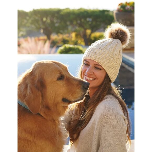 ? Simplicity Faux Fur Women Cream Winter Beanies Hand Knit Pompoms Warm Hats main image 5